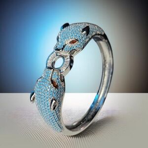 Luxury Silver Plated Chunky Duo Panther Head Doorknocker Crystal Bracelet